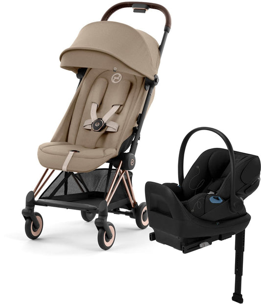 Cybex COYA Compact Stroller + Cloud G Lux SensorSafe Travel System Bundle - Rose Gold / Cozy Beige / Moon Black - 522005195-522001401