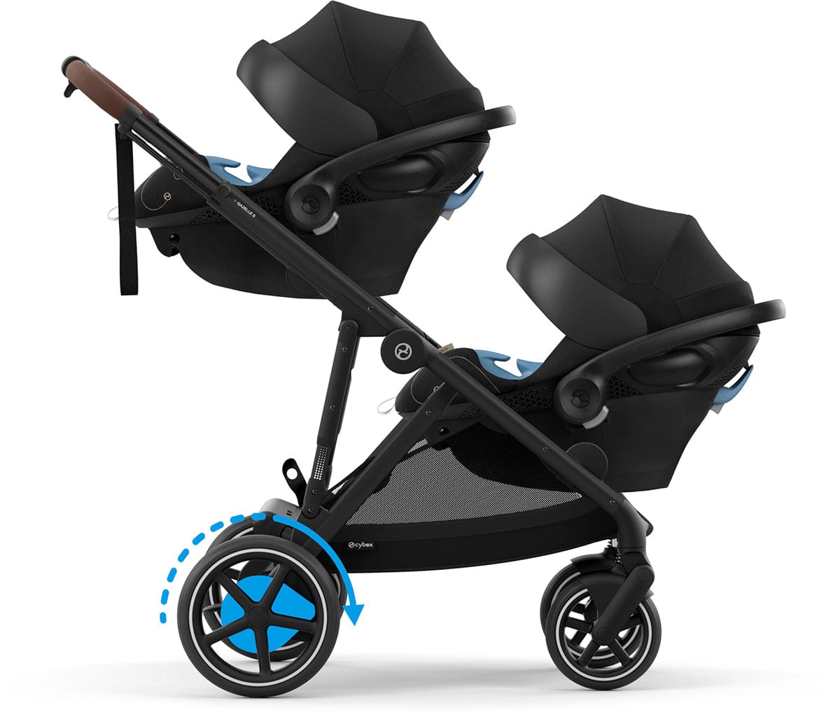Cybex eGazelle S Double Stroller + Aton G Swivel SensorSafe Twin Travel System Bundle - Taupe Frame / Seashell Beige / Moon Black - TWINTRVL-524000545-522004781