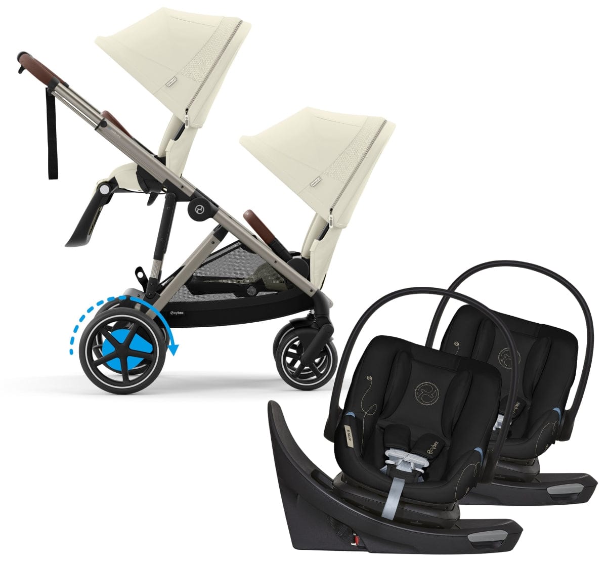 Cybex eGazelle S Double Stroller + Aton G Swivel SensorSafe Twin Travel System Bundle - Taupe Frame / Seashell Beige / Moon Black - TWINTRVL-524000545-522004781