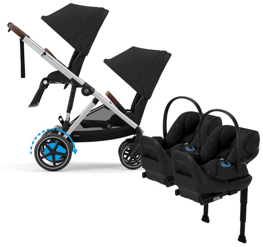Cybex eGazelle S Double Stroller + Cloud G Lux SensorSafe Twin Travel System Bundle - Silver Frame / Moon Black / Moon Black - TWINTRVL-524000553-522001401