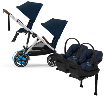Cybex eGazelle S Double Stroller + Cloud G Lux SensorSafe Twin Travel System Bundle - Silver Frame / Ocean Blue / Ocean Blue - TWINTRVL-524000533-522001405