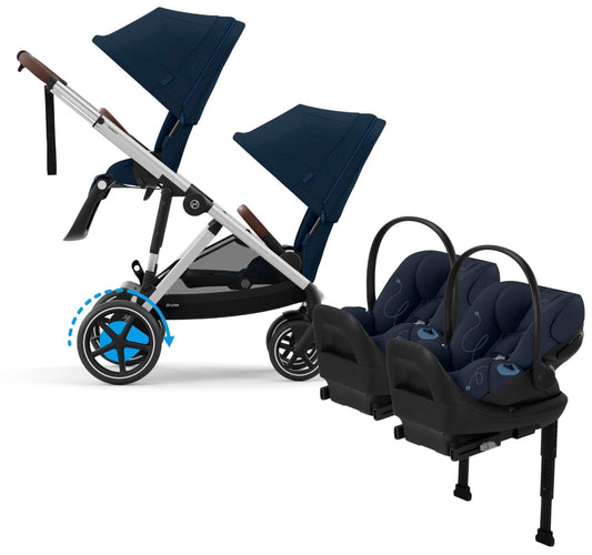 Cybex eGazelle S Double Stroller + Cloud G Lux SensorSafe Twin Travel System Bundle - Silver Frame / Ocean Blue / Ocean Blue - TWINTRVL-524000533-522001405