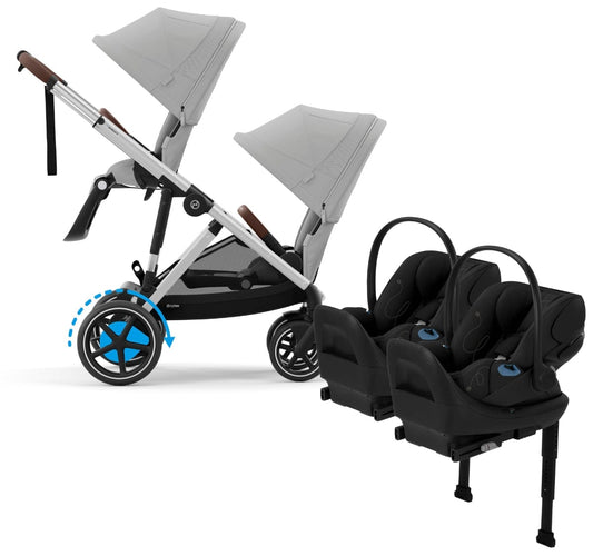 Cybex eGazelle S Double Stroller + Cloud G Lux SensorSafe Twin Travel System Bundle - Silver Frame / Stone Grey / Moon Black - TWINTRVL-524000527-522001401