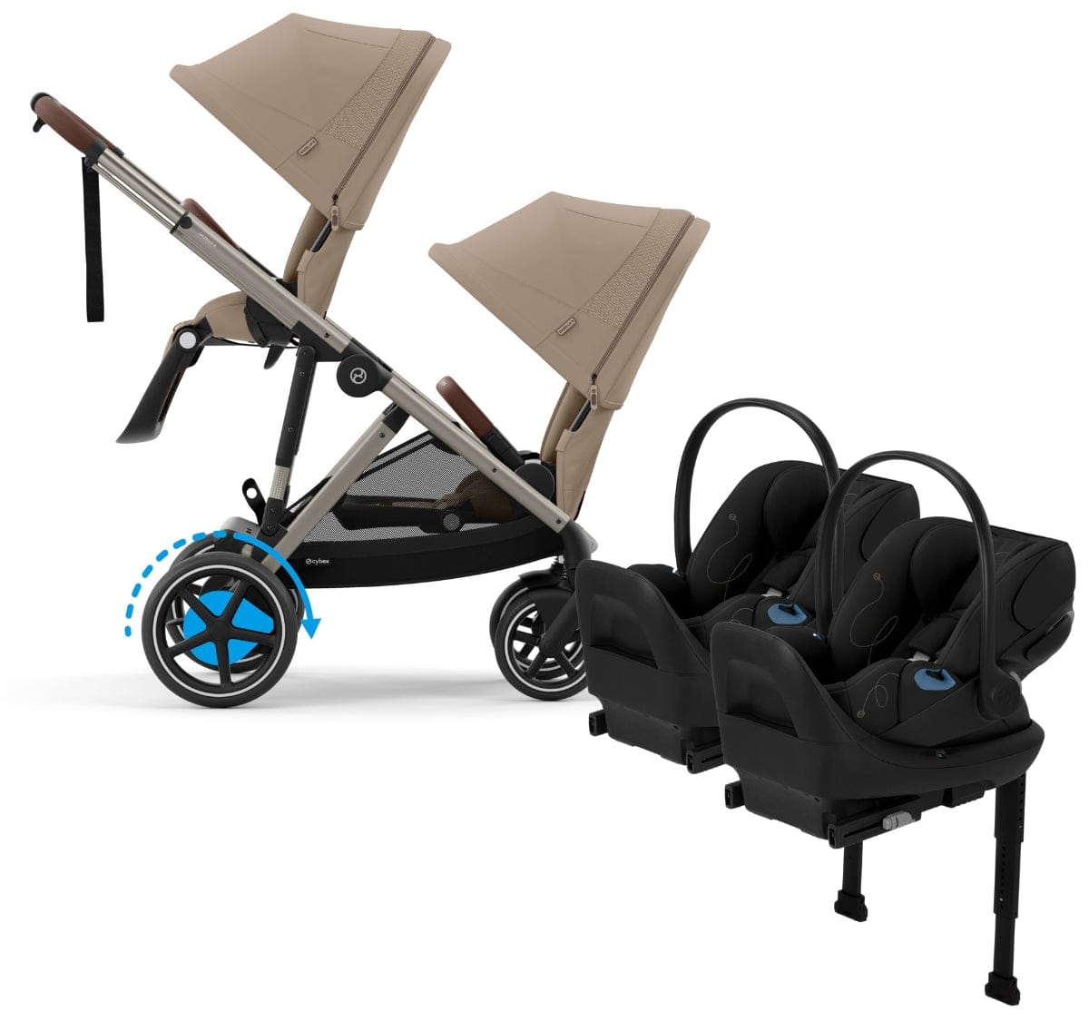 Cybex eGazelle S Double Stroller + Cloud G Lux SensorSafe Twin Travel System Bundle - Taupe Frame / Almond Beige / Moon Black - TWINTRVL-524000551-522001401