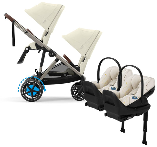 Cybex eGazelle S Double Stroller + Cloud G Lux SensorSafe Twin Travel System Bundle - Taupe Frame / Seashell Beige / Seashell Beige - TWINTRVL-524000545-522001407