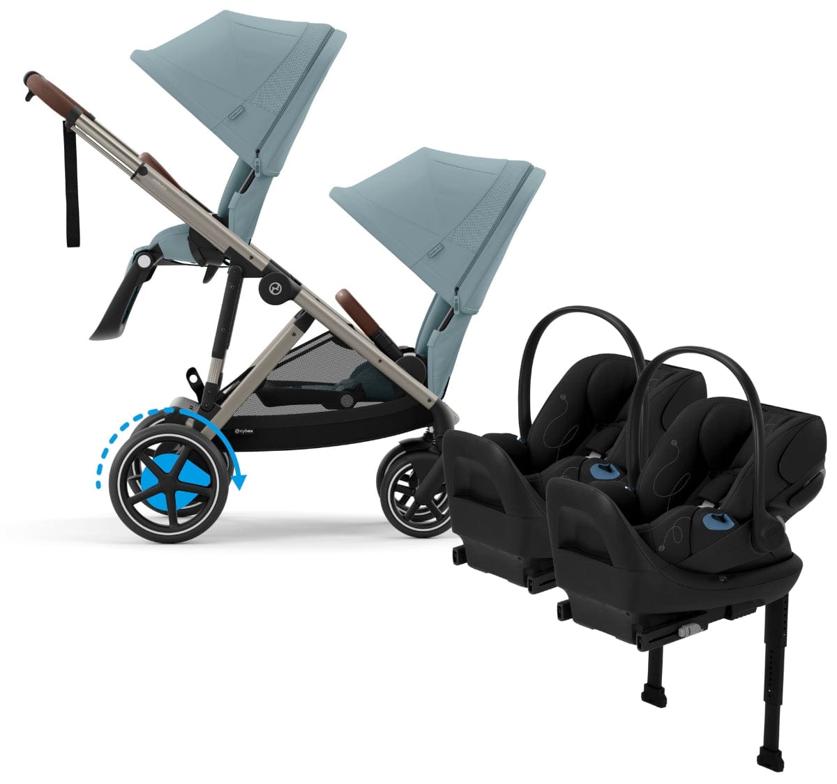 Cybex eGazelle S Double Stroller + Cloud G Lux SensorSafe Twin Travel System Bundle - Taupe Frame / Stormy Blue / Moon Black - TWINTRVL-524000539-522001401