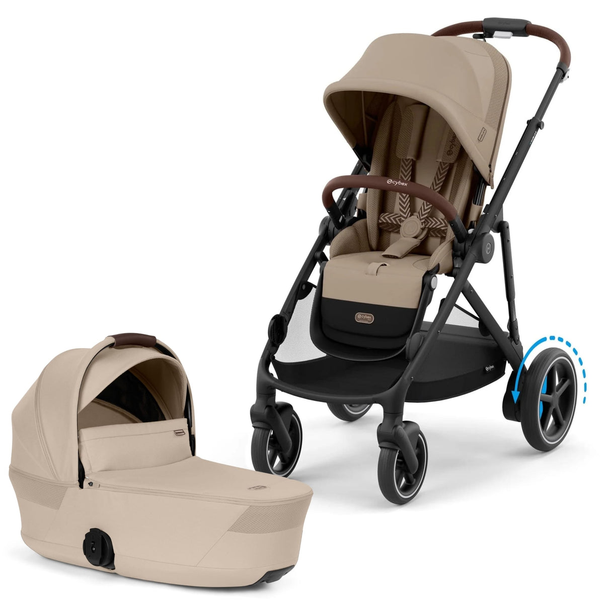 Cybex eGazelle S Electronic Assist Stroller + Fold Cot Bundle - Almond Beige / Black Frame