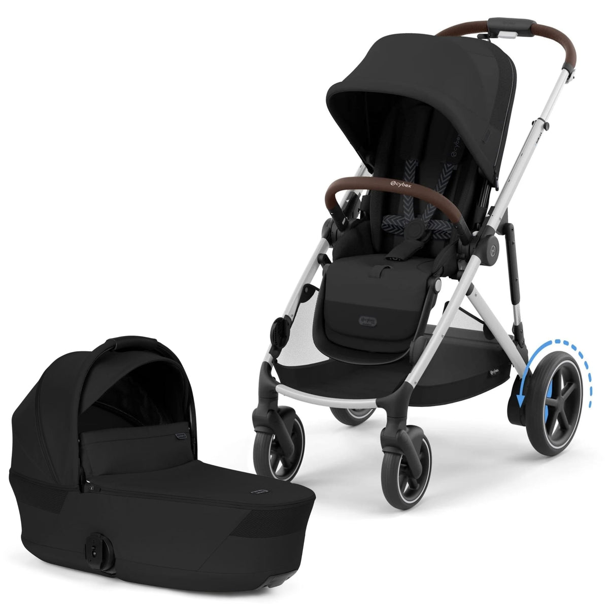 Cybex eGazelle S Electronic Assist Stroller + Fold Cot Bundle - Moon Black / Silver Frame