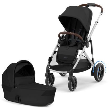 Cybex eGazelle S Electronic Assist Stroller + Fold Cot Bundle - Moon Black / Silver Frame