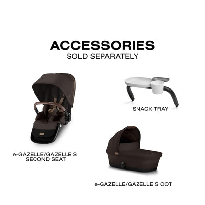 Cybex stroller accessories including a second seat, snack tray, and cot