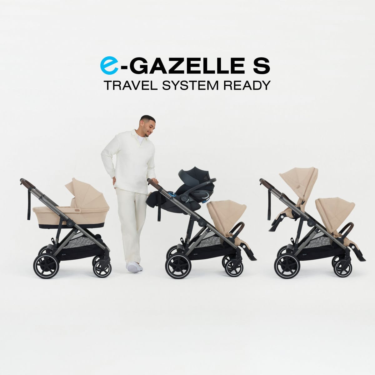 Cybex e-Gazelle S stroller configurations showing carrycot infant car seat and seat unit options