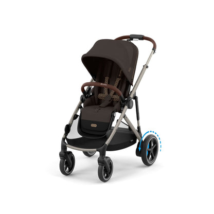 Cybex stroller with brown seat and canopy and silver frame showing rear wheel rotation
