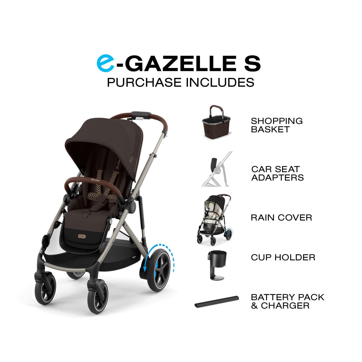 Cybex e-Gazelle S stroller with included shopping basket, car seat adapters, rain cover, cup holder, and battery charger