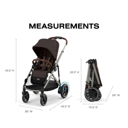 Cybex stroller dimensions showing open and folded measurements in inches