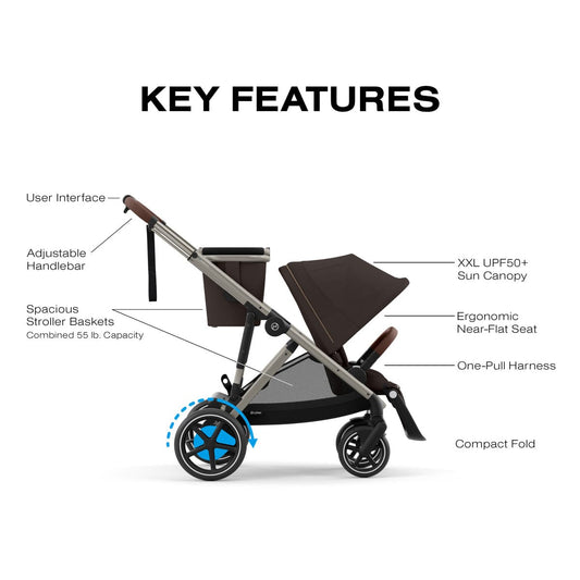 Cybex brown stroller with four wheels and a blue rotation arrow on the rear wheel