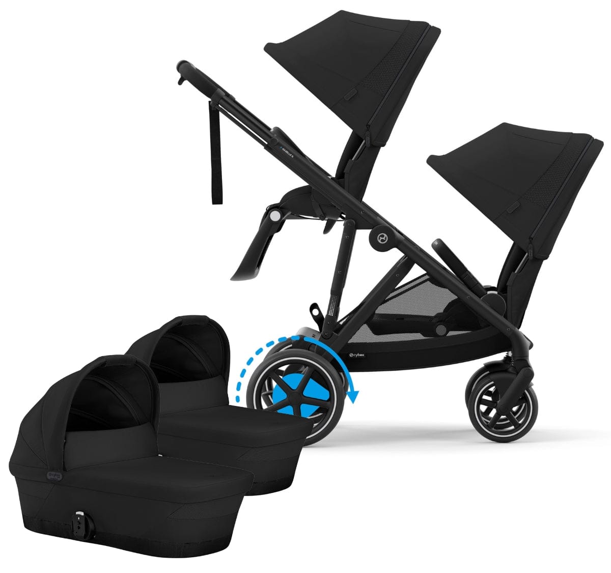 Cybex eGazelle S Electronic Assist Twin Stroller + Cot Bundle - Black Frame / Moon Black - TWIN-524000521-522002381