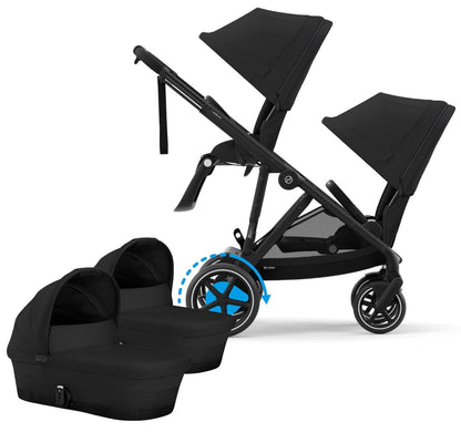 Cybex eGazelle S Electronic Assist Twin Stroller + Cot Bundle - Black Frame / Moon Black - TWIN-524000521-522002381