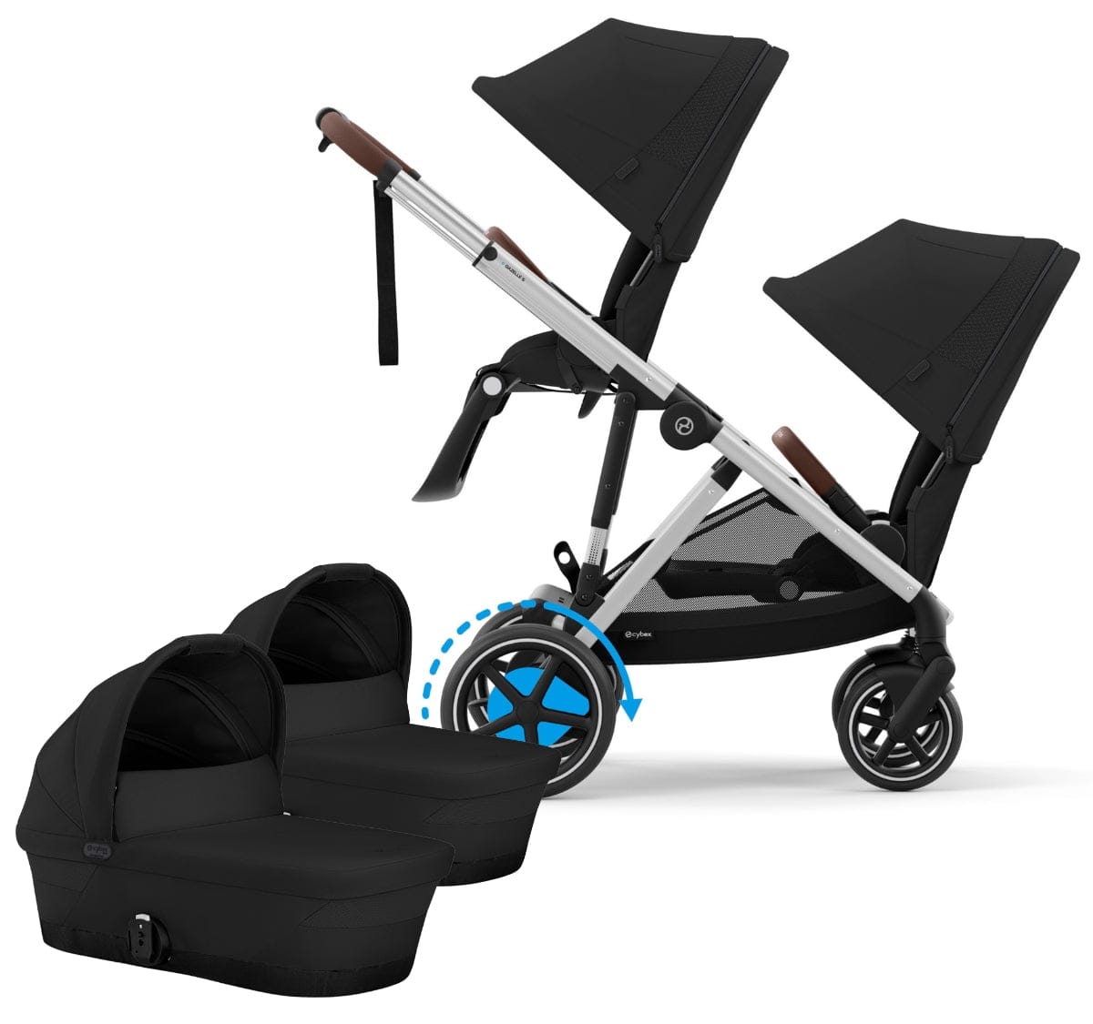 Cybex eGazelle S Electronic Assist Twin Stroller + Cot Bundle - Silver Frame / Moon Black - TWIN-524000553-522002381