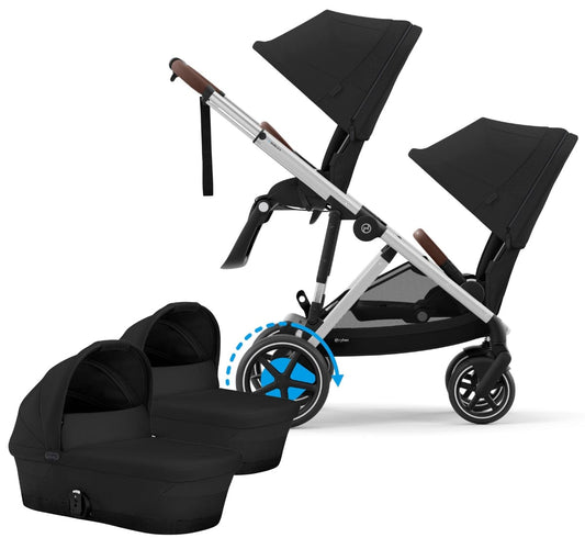 Cybex eGazelle S Electronic Assist Twin Stroller + Cot Bundle - Silver Frame / Moon Black - TWIN-524000553-522002381