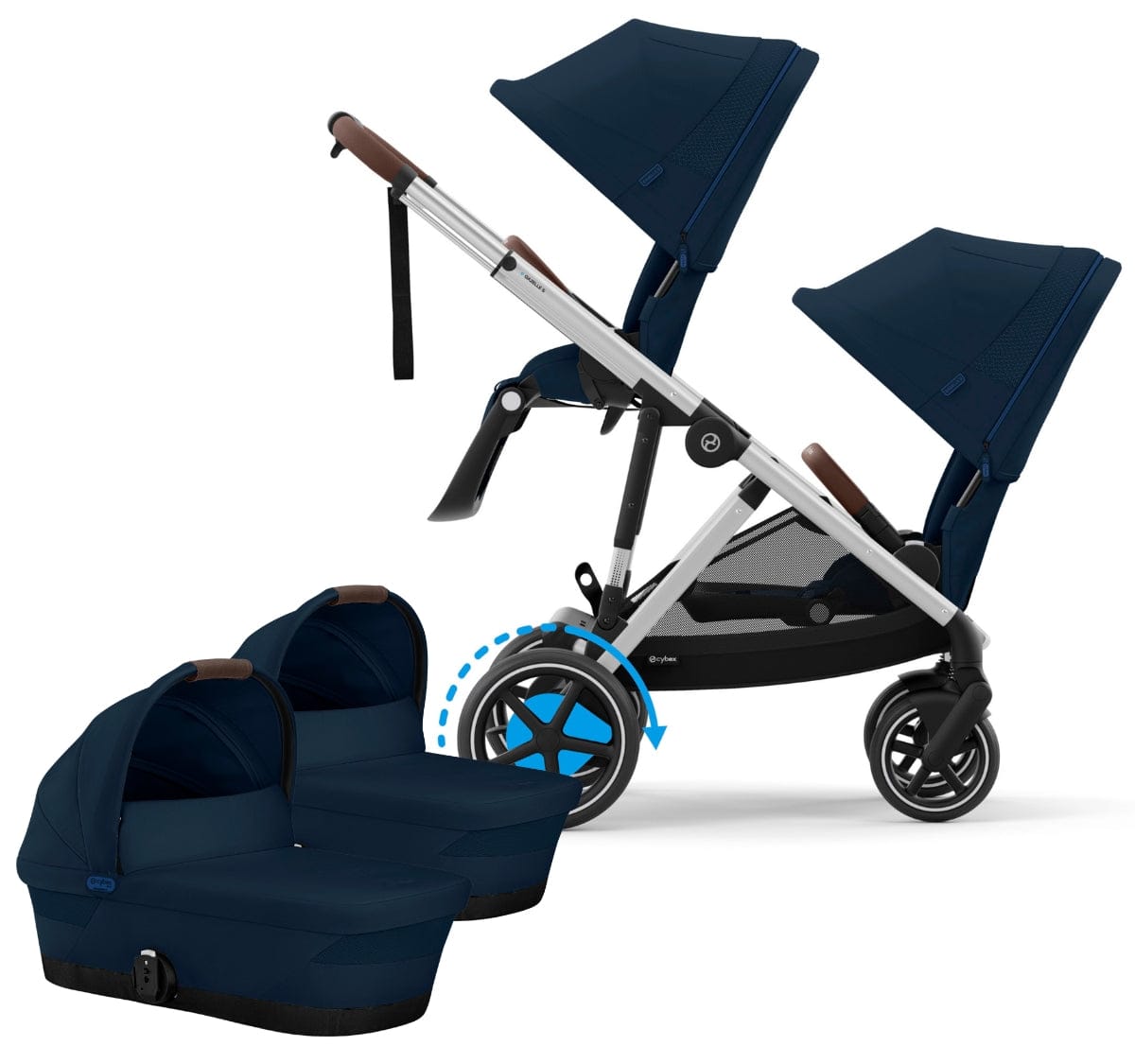 Cybex eGazelle S Electronic Assist Twin Stroller + Cot Bundle - Silver Frame / Ocean Blue - TWIN-524000533-522002385