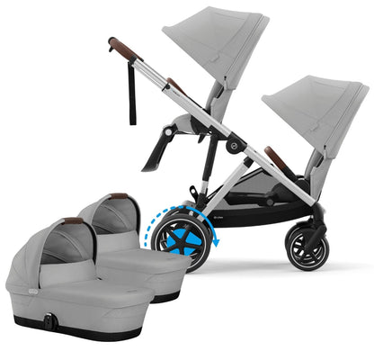 Cybex eGazelle S Electronic Assist Twin Stroller + Cot Bundle - Silver Frame / Stone Grey - TWIN-524000527-524001243