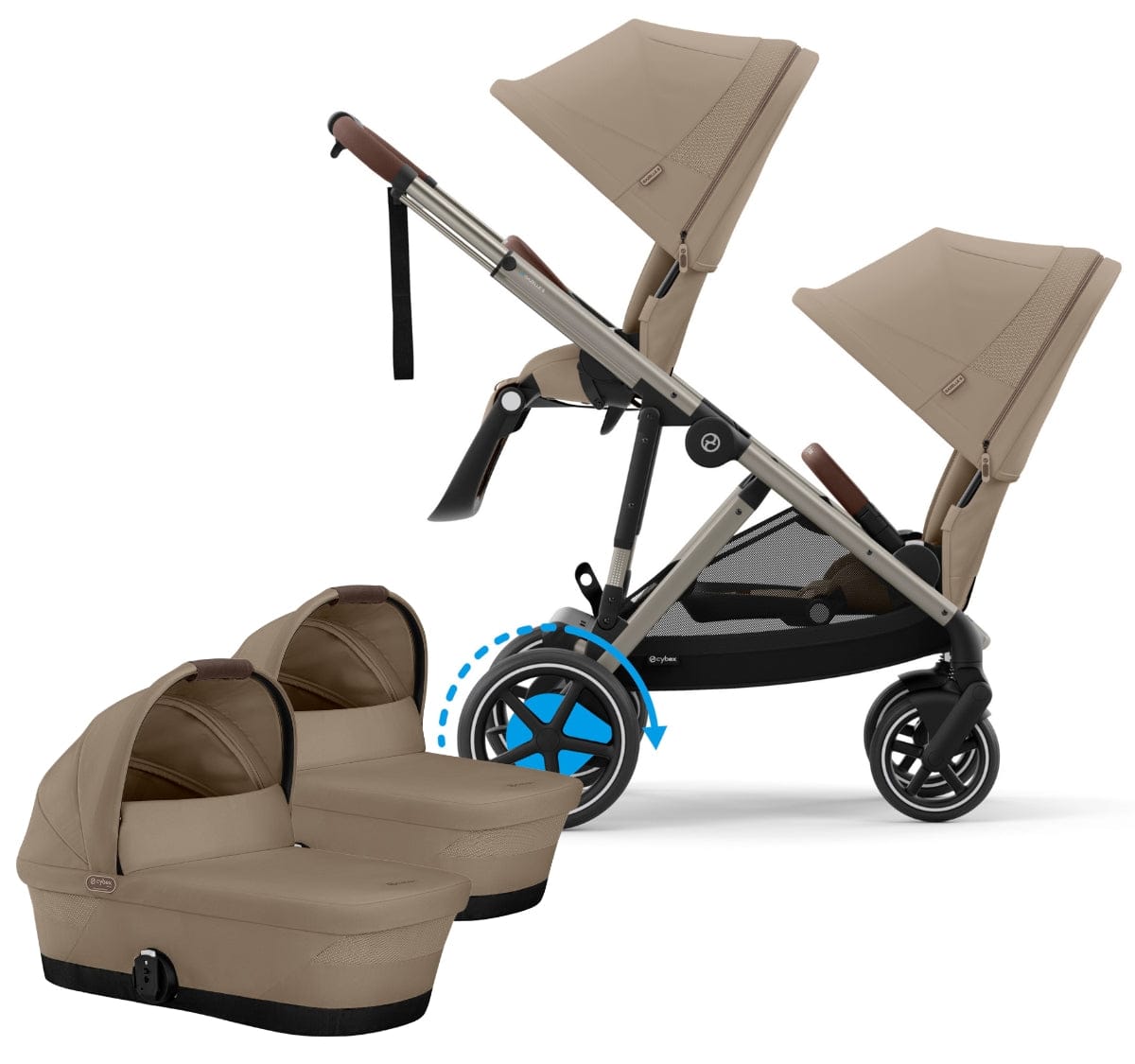 Cybex eGazelle S Electronic Assist Twin Stroller + Cot Bundle - Taupe Frame / Almond Beige - TWIN-524000551-522005265