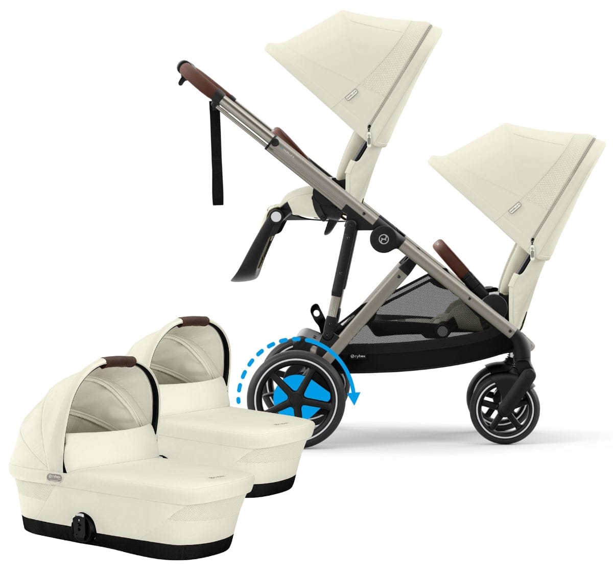 Cybex eGazelle S Electronic Assist Twin Stroller + Cot Bundle - Taupe Frame / Seashell Beige - TWIN-524000545-522002389