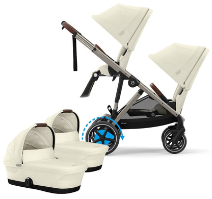 Cybex eGazelle S Electronic Assist Twin Stroller + Cot Bundle - Taupe Frame / Seashell Beige - TWIN-524000545-522002389