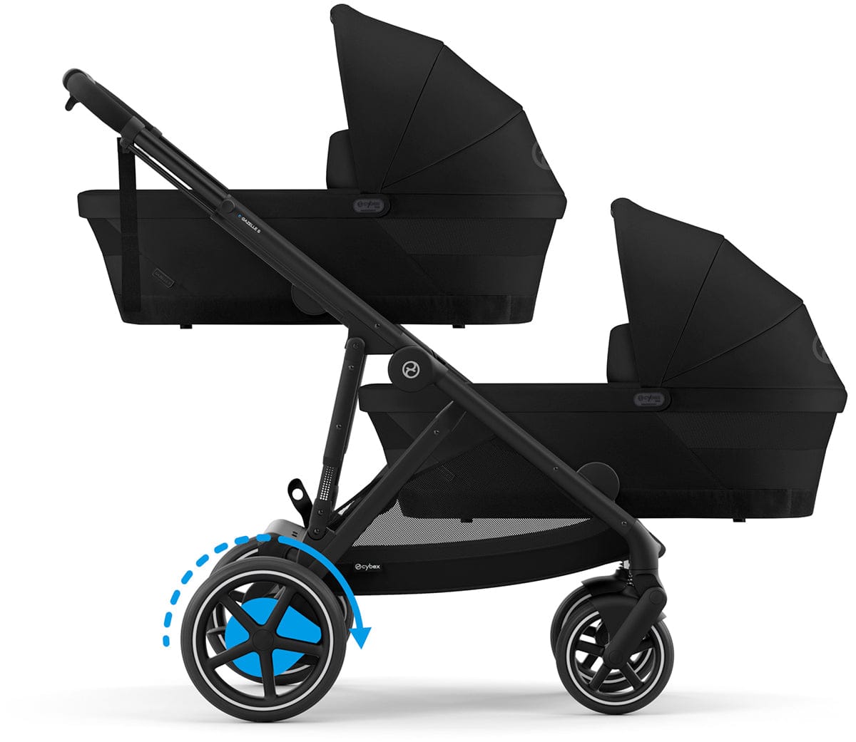 Cybex eGazelle S Electronic Assist Twin Stroller + Cot Bundle - Taupe Frame / Stormy Blue - TWIN-524000539-524001253