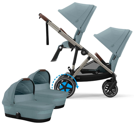 Cybex eGazelle S Electronic Assist Twin Stroller + Cot Bundle - Taupe Frame / Stormy Blue - TWIN-524000539-524001253