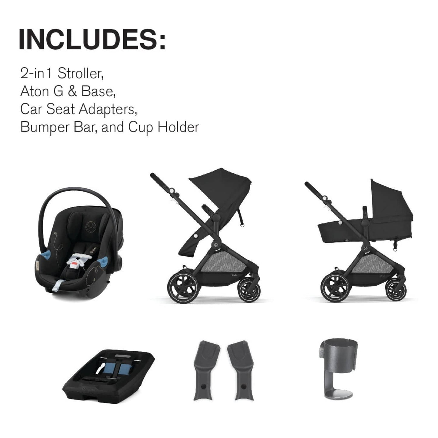 Cybex EOS 5-in-1 Travel System Stroller + Lightweight Aton G Infant Car Seat - Black / Moon Black - 522005671