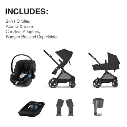 Cybex EOS 5-in-1 Travel System Stroller + Lightweight Aton G Infant Car Seat - Black / Moon Black - 522005671