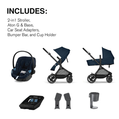 Cybex EOS 5-in-1 Travel System Stroller + Lightweight Aton G Infant Car Seat - Black / Ocean Blue - 522005675