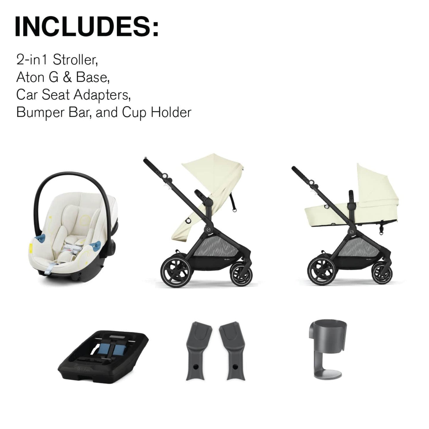 Cybex EOS 5-in-1 Travel System Stroller + Lightweight Aton G Infant Car Seat - Black / Seashell Beige - 522005677