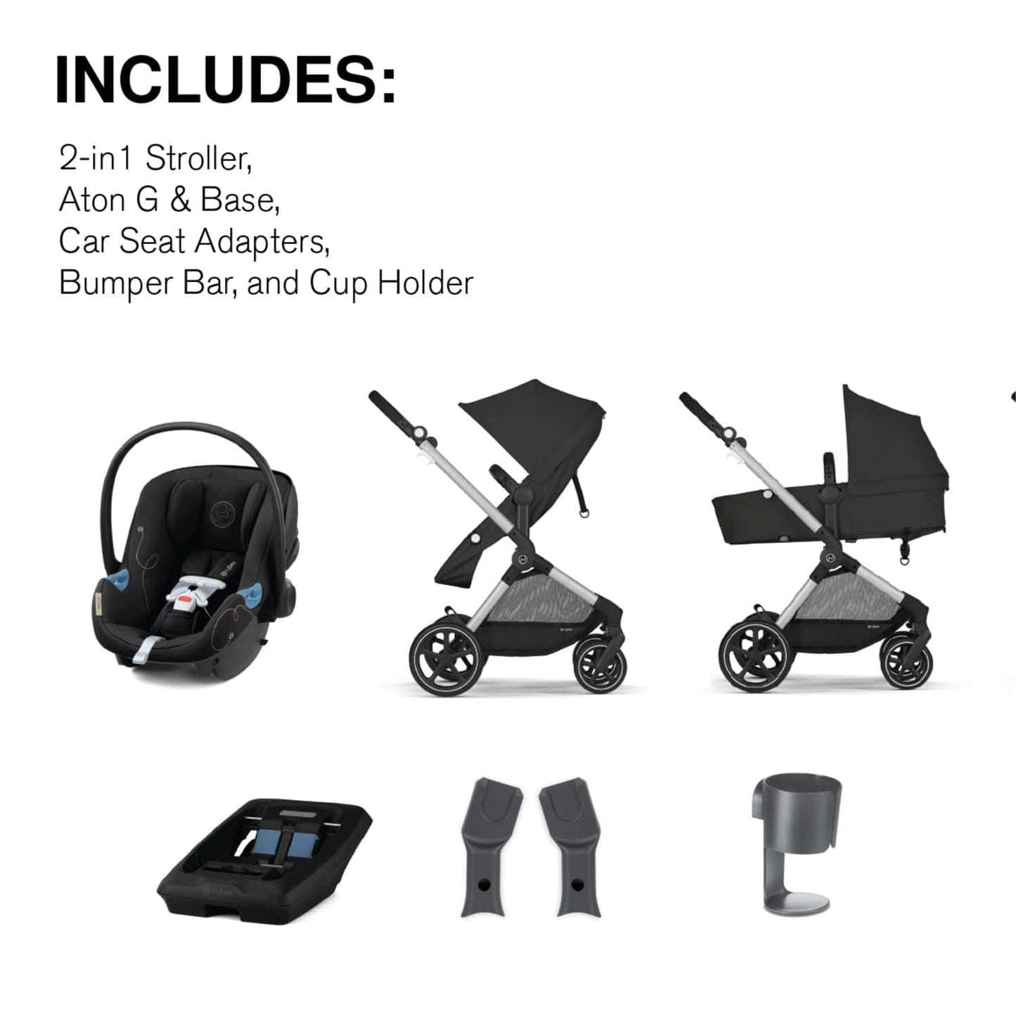 Cybex EOS 5-in-1 Travel System Stroller + Lightweight Aton G Infant Car Seat - Silver / Moon Black - 522005679