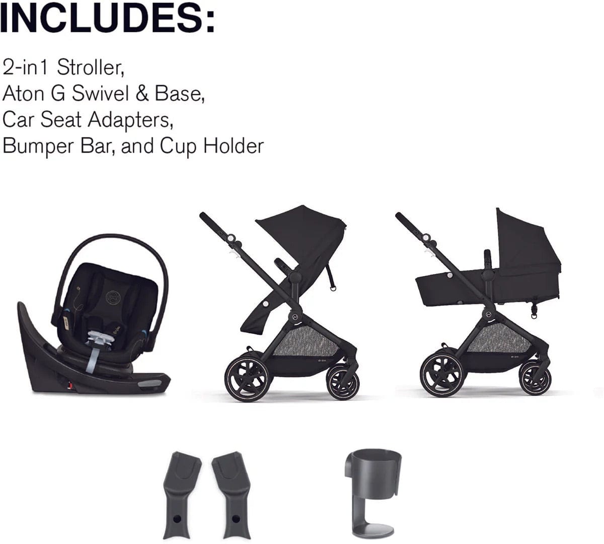 Cybex EOS 5-in-1 Travel System Stroller + Lightweight Aton G Swivel with SensorSafe - Black / Moon Black - 522005683
