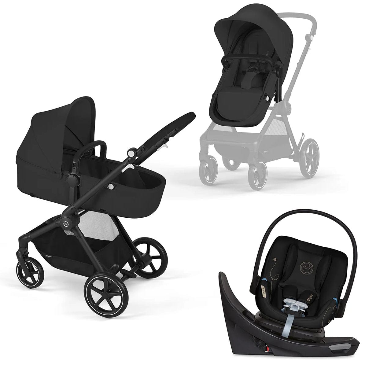 Cybex EOS 5-in-1 Travel System Stroller + Lightweight Aton G Swivel with SensorSafe - Black / Moon Black - 522005683