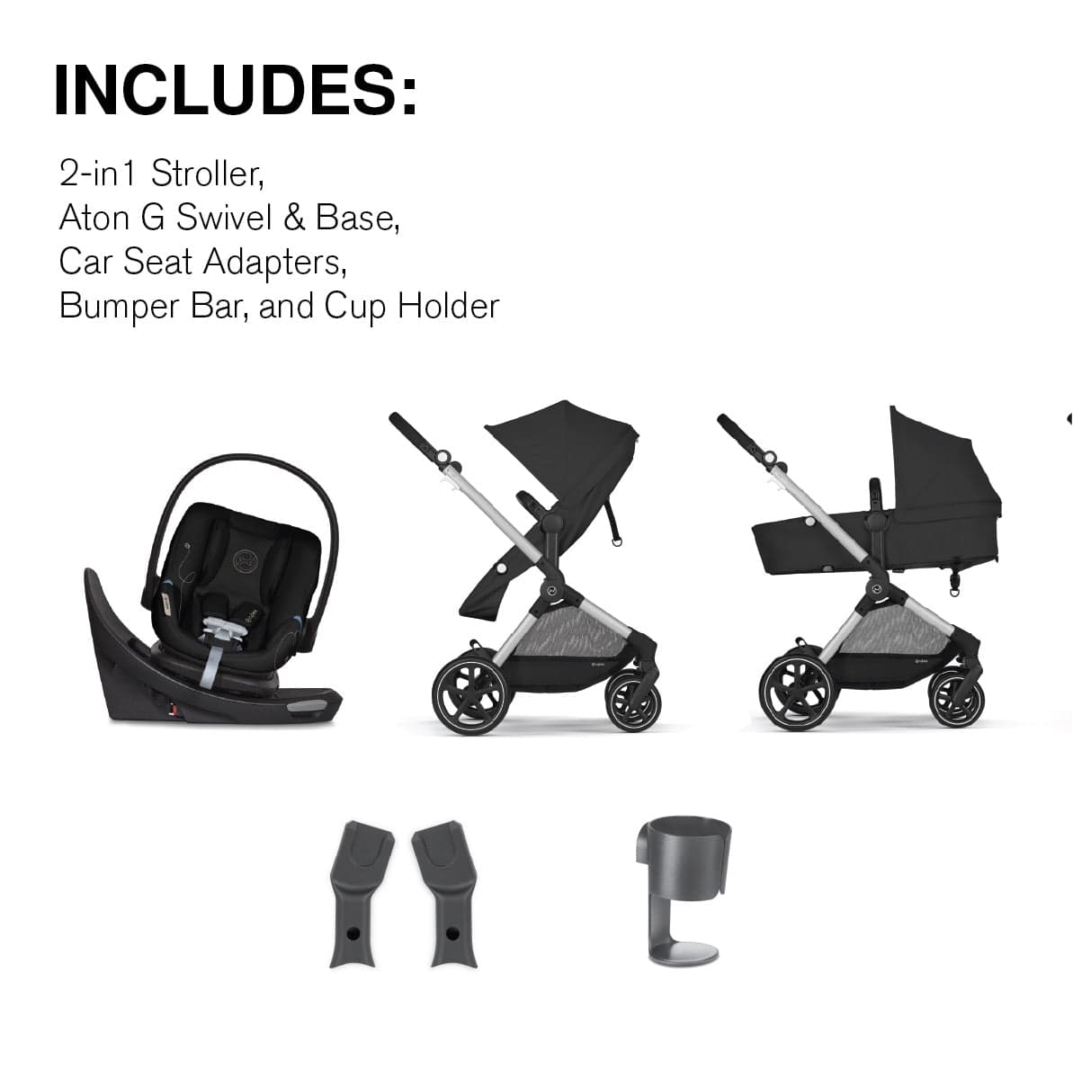Cybex EOS 5-in-1 Travel System Stroller + Lightweight Aton G Swivel with SensorSafe - Silver / Moon Black - 522005681