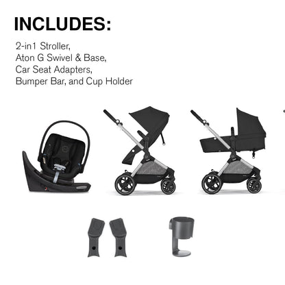 Cybex EOS 5-in-1 Travel System Stroller + Lightweight Aton G Swivel with SensorSafe - Silver / Moon Black - 522005681