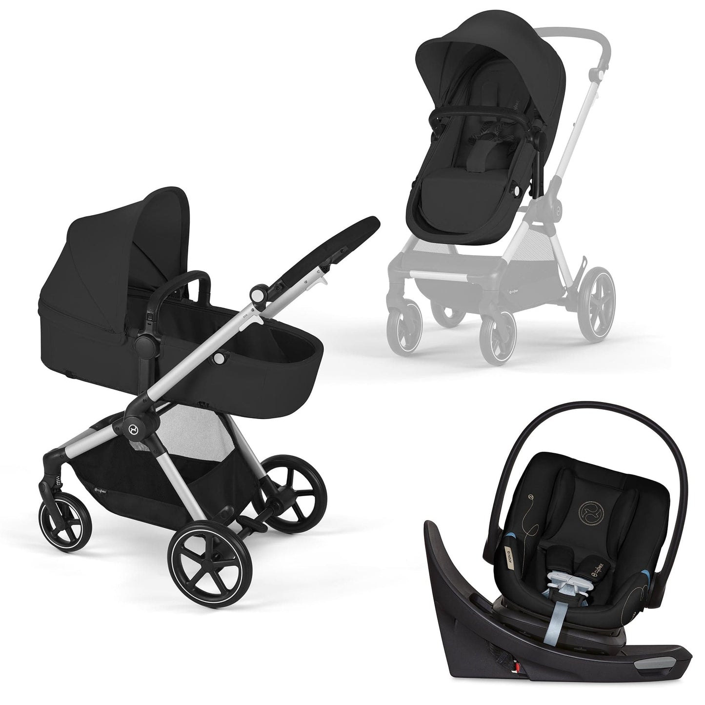 Cybex EOS 5-in-1 Travel System Stroller + Lightweight Aton G Swivel with SensorSafe - Silver / Moon Black - 522005681