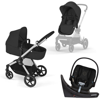 Cybex EOS 5-in-1 Travel System Stroller + Lightweight Aton G Swivel with SensorSafe - Silver / Moon Black - 522005681