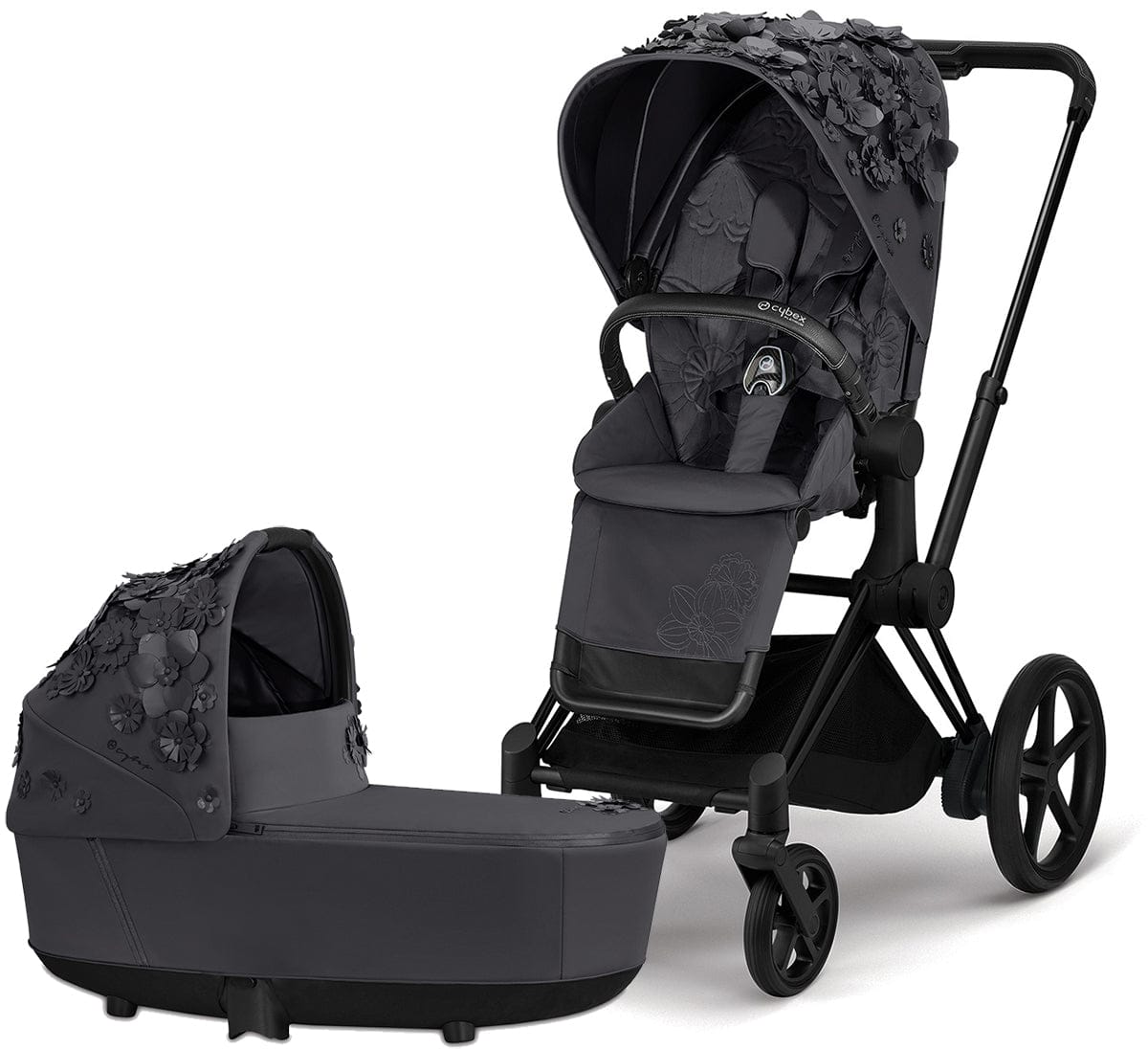 Cybex ePriam Complete Stroller with Lux Bassinet Bundle - Simply Flowers - Dream Grey - 519002649-B-SF-GREY