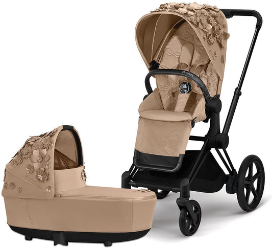 Cybex ePriam Complete Stroller with Lux Bassinet Bundle - Simply Flowers - Nude Beige - 519002649-B-SF-BEIGE