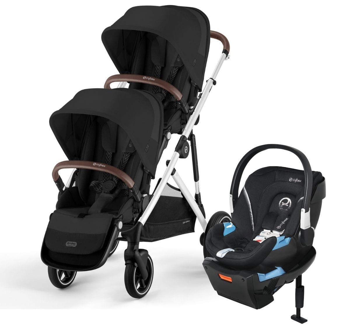 Cybex Gazelle S 2 Double Stroller + Aton 2 Travel System Bundle - Silver Frame / Moon Black / Lavastone Black - DBL-TS-522004813