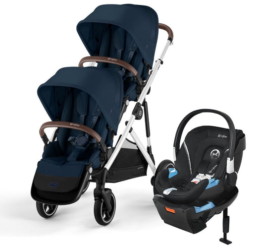 Cybex Gazelle S 2 Double Stroller + Aton 2 Travel System Bundle - Silver Frame / Ocean Blue / Lavastone Black - DBL-TS-522004817
