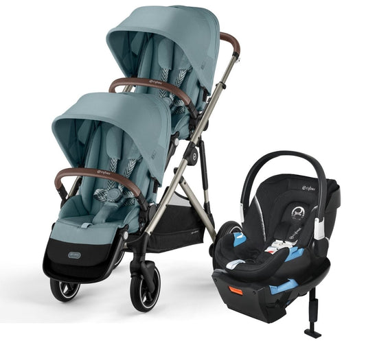 Cybex Gazelle S 2 Double Stroller + Aton 2 Travel System Bundle - Taupe Frame / Sky Blue / Lavastone Black - DBL-TS-522002365