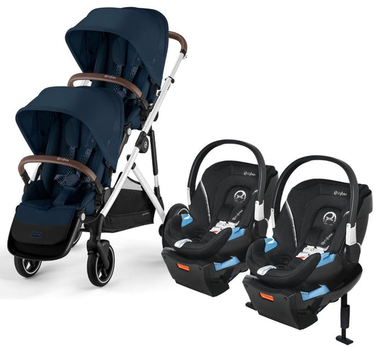Cybex Gazelle S 2 Twin Double Stroller + Aton 2 Travel System Bundle - Silver Frame / Ocean Blue / Lavastone Black - TWIN-DBL-TS-522004817