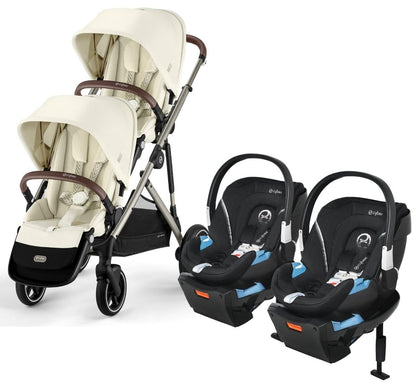 Cybex Gazelle S 2 Twin Double Stroller + Aton 2 Travel System Bundle - Taupe Frame / Seashell Beige / Lavastone Black - TWIN-DBL-TS-522002367