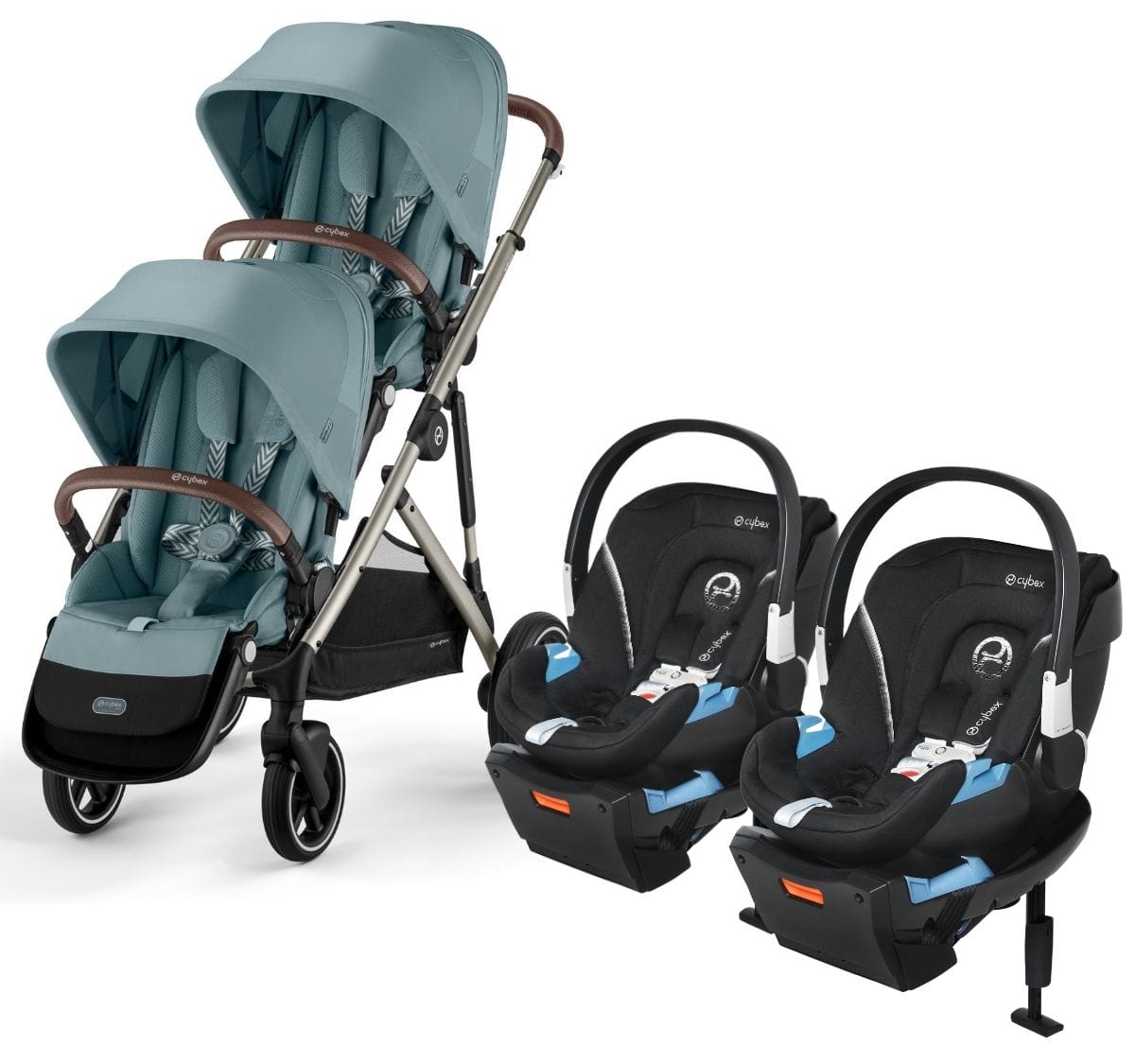 Cybex Gazelle S 2 Twin Double Stroller + Aton 2 Travel System Bundle - Taupe Frame / Sky Blue / Lavastone Black - TWIN-DBL-TS-522002365
