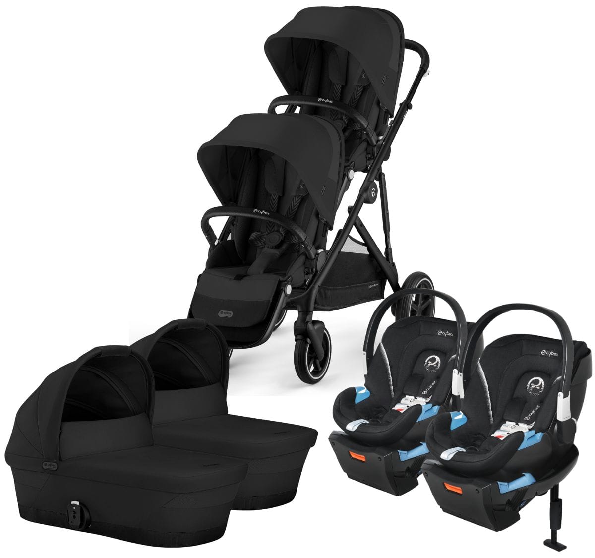 Cybex Gazelle S 2 Twin Double Stroller + Cot + Aton 2 Travel System Bundle - Black Frame / Moon Black / Lavastone Black - TWIN-DBL-COT-TS-522002357